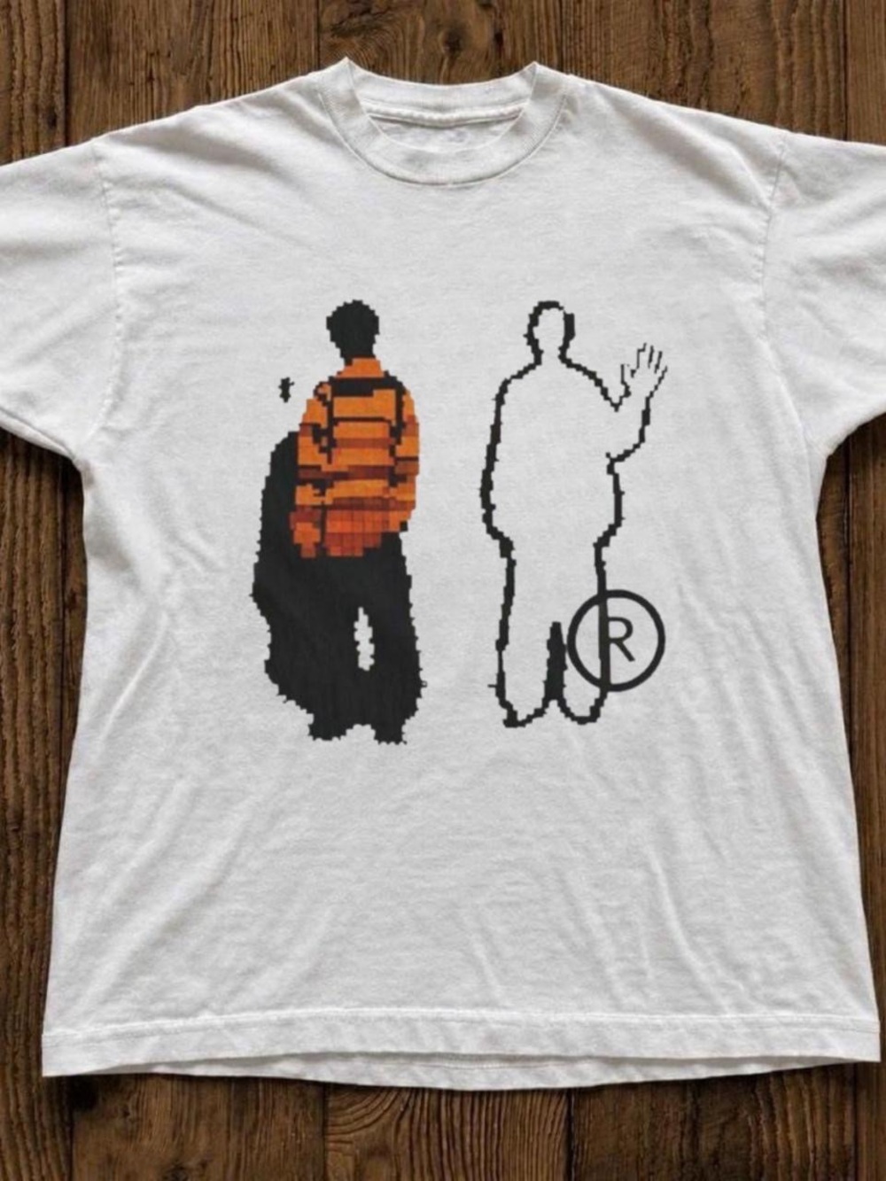 Gildan White Tee with Orange Pixel Figure and Black Outline Graphic